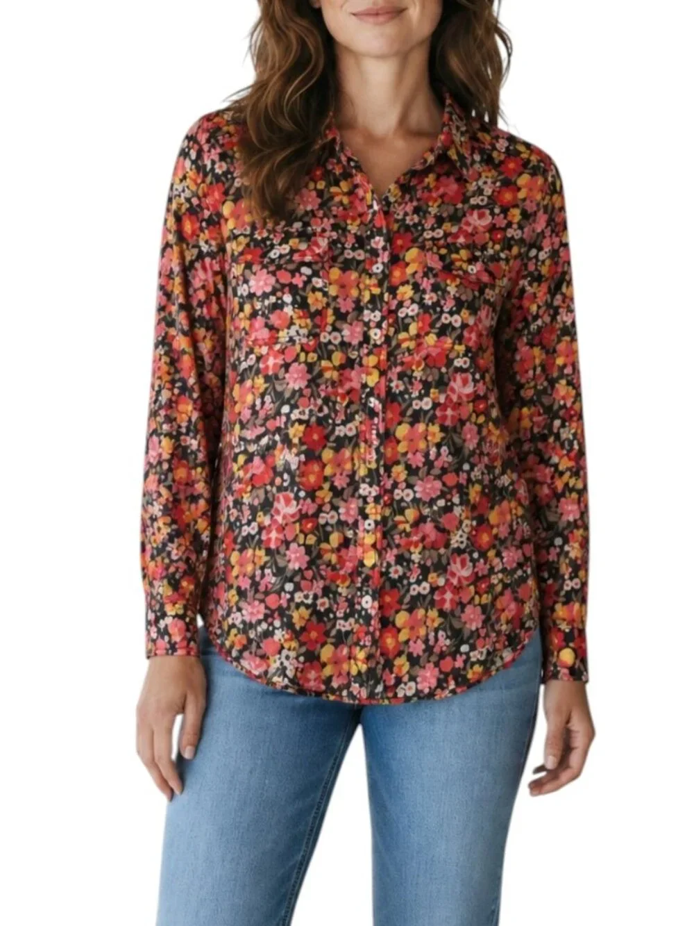 Sundance 100% Cotton Pink Floral Long Sleeve Button Front Blouse